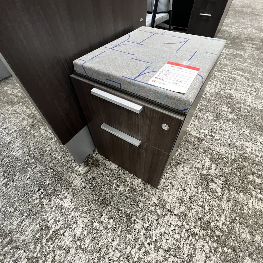 grey laminate Height adjustable desk teknion, with pedestal box file, guest chairs, credenza storage cabinet, used office furniture, set