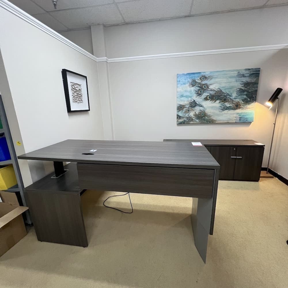 grey laminate height adjustable l-desk right return, teknion set with credenza storage cabinet, used office furniture