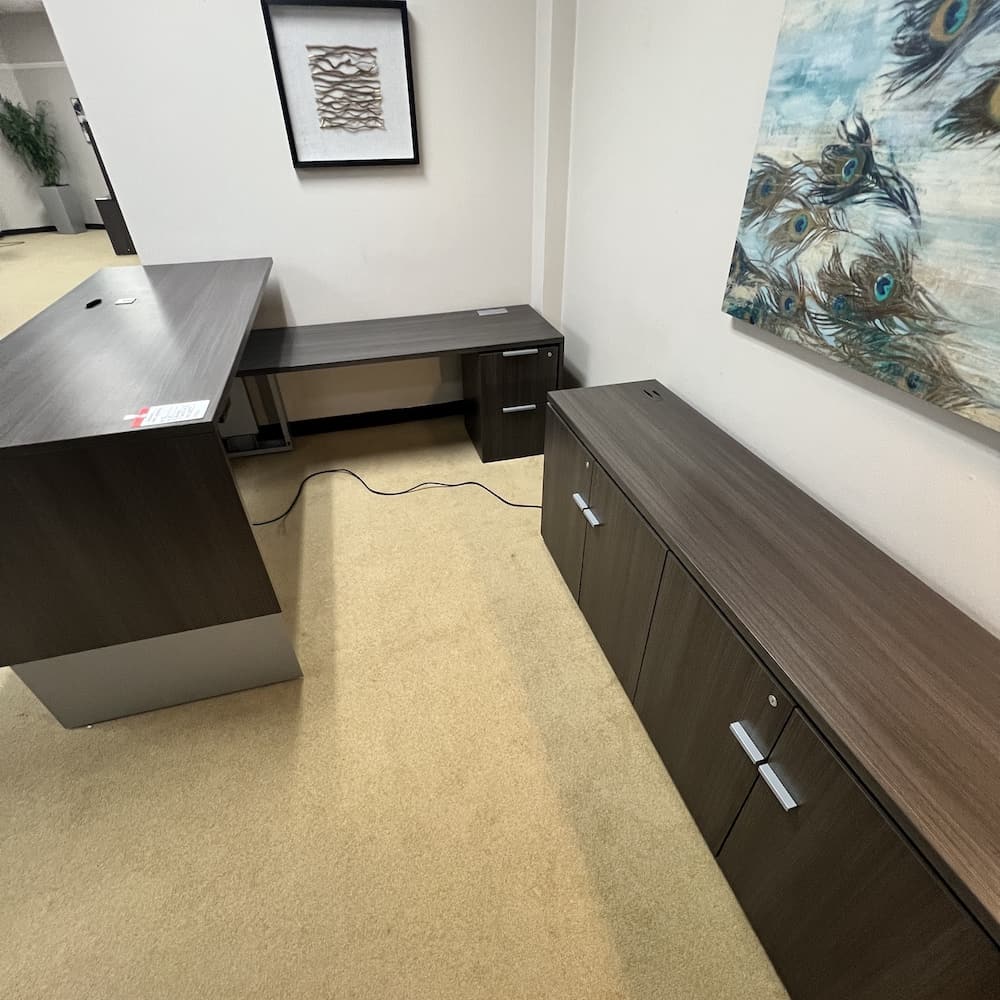 grey laminate height adjustable l-desk right return, teknion set with credenza storage cabinet, used office furniture