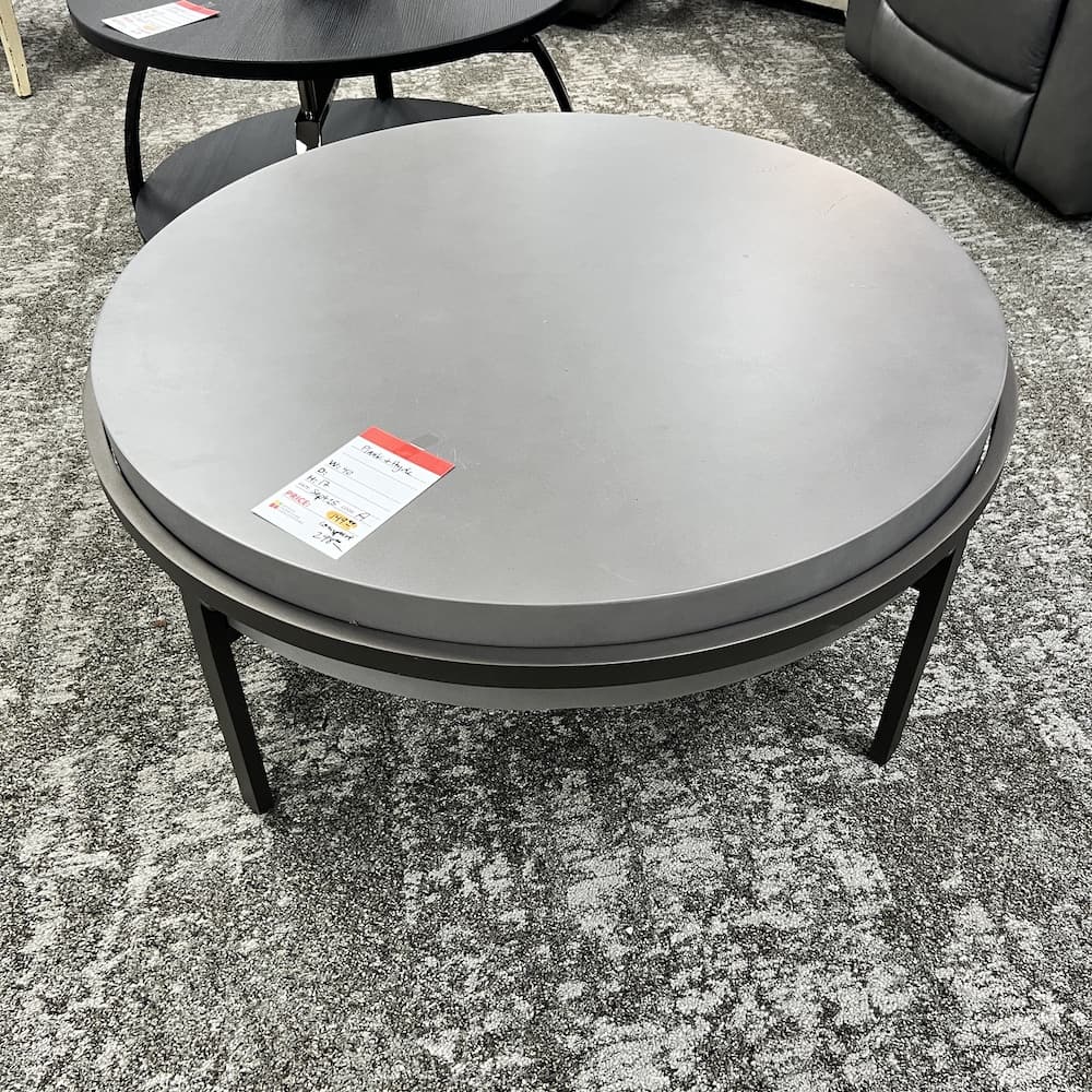 grey plank and Hyde round coffee table, open box furniture, Ashley