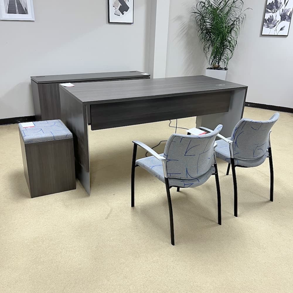grey laminate Height adjustable desk teknion, with pedestal box file, guest chairs, credenza storage cabinet, used office furniture, set