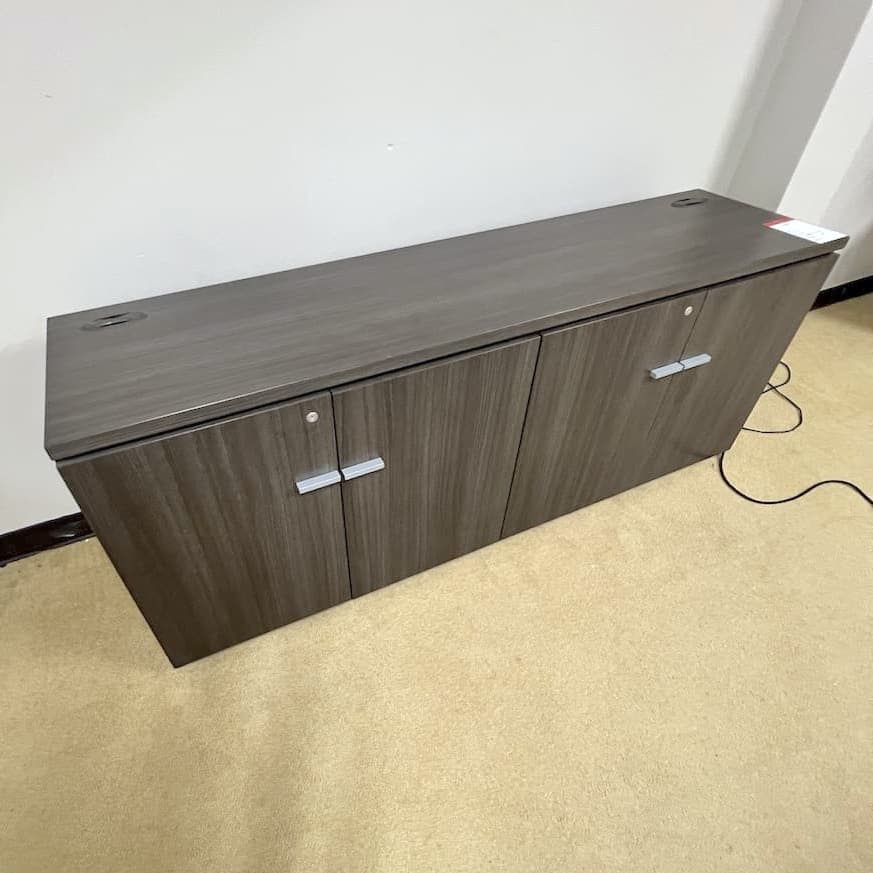 grey laminate Height adjustable desk teknion, with pedestal box file, guest chairs, credenza storage cabinet, used office furniture, set