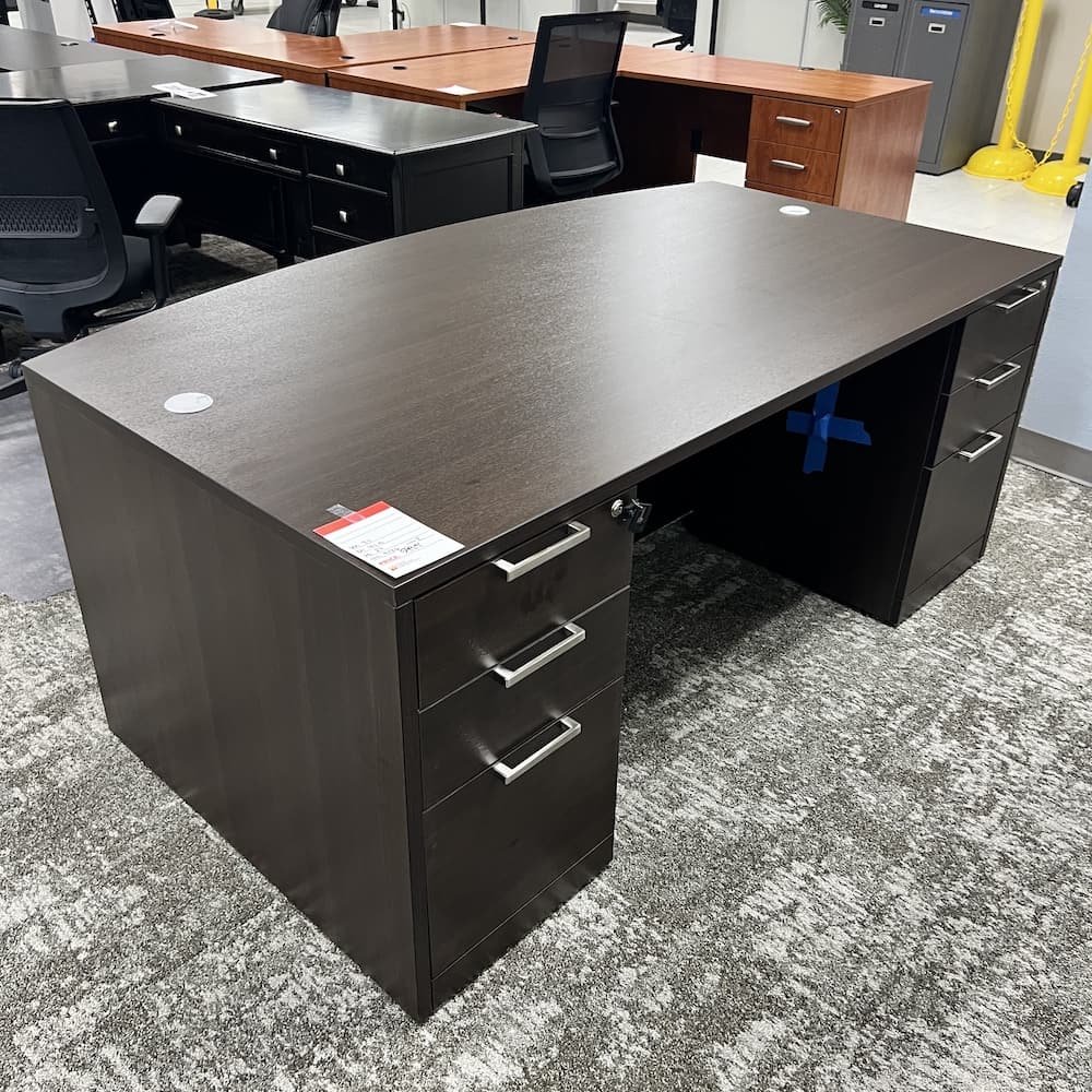 java espresso laminate bow front desk, dark brown, open box office furniture