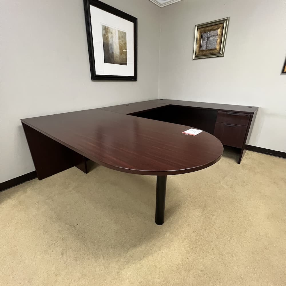 mahogany laminate u-desk right return bullet nose single hanging box/file, used office furniture