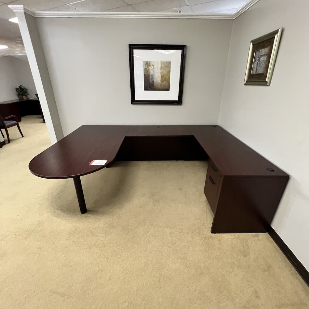 mahogany laminate u-desk right return bullet nose single hanging box/file, used office furniture