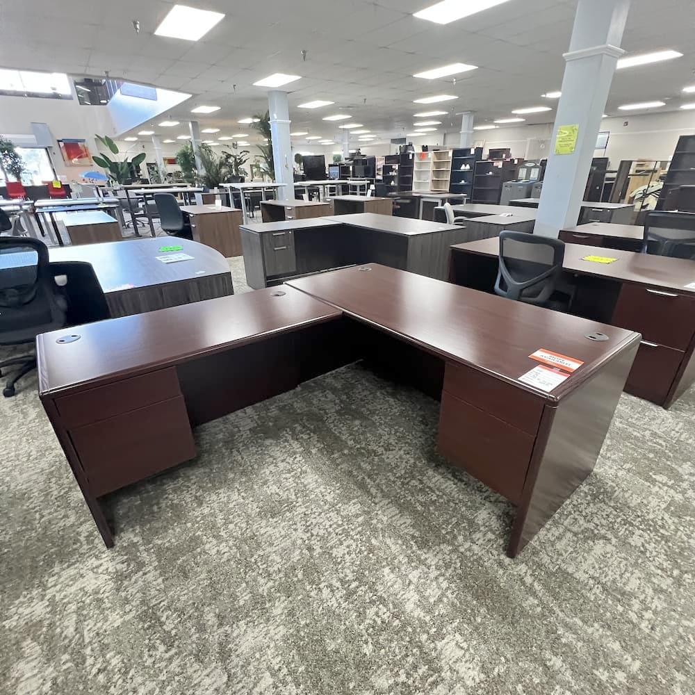 mahogany l-desk left return with double hanging box/files, used office furniture