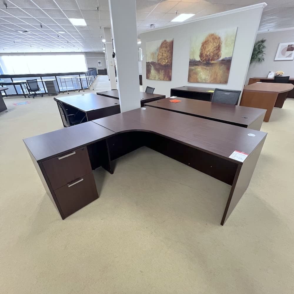 mahogany l-desk left return file/file, open box office furniture