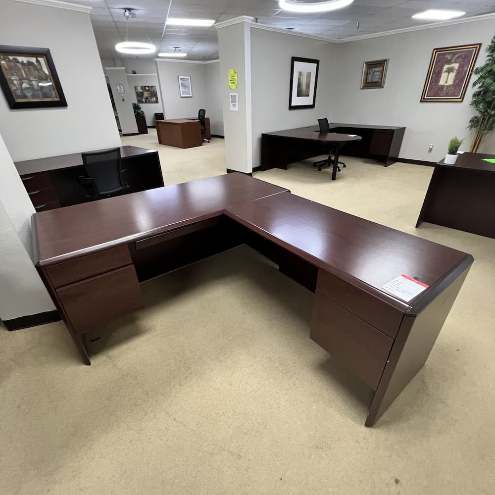 mahogany l-desk right return with double hanging box/files, used office furniture