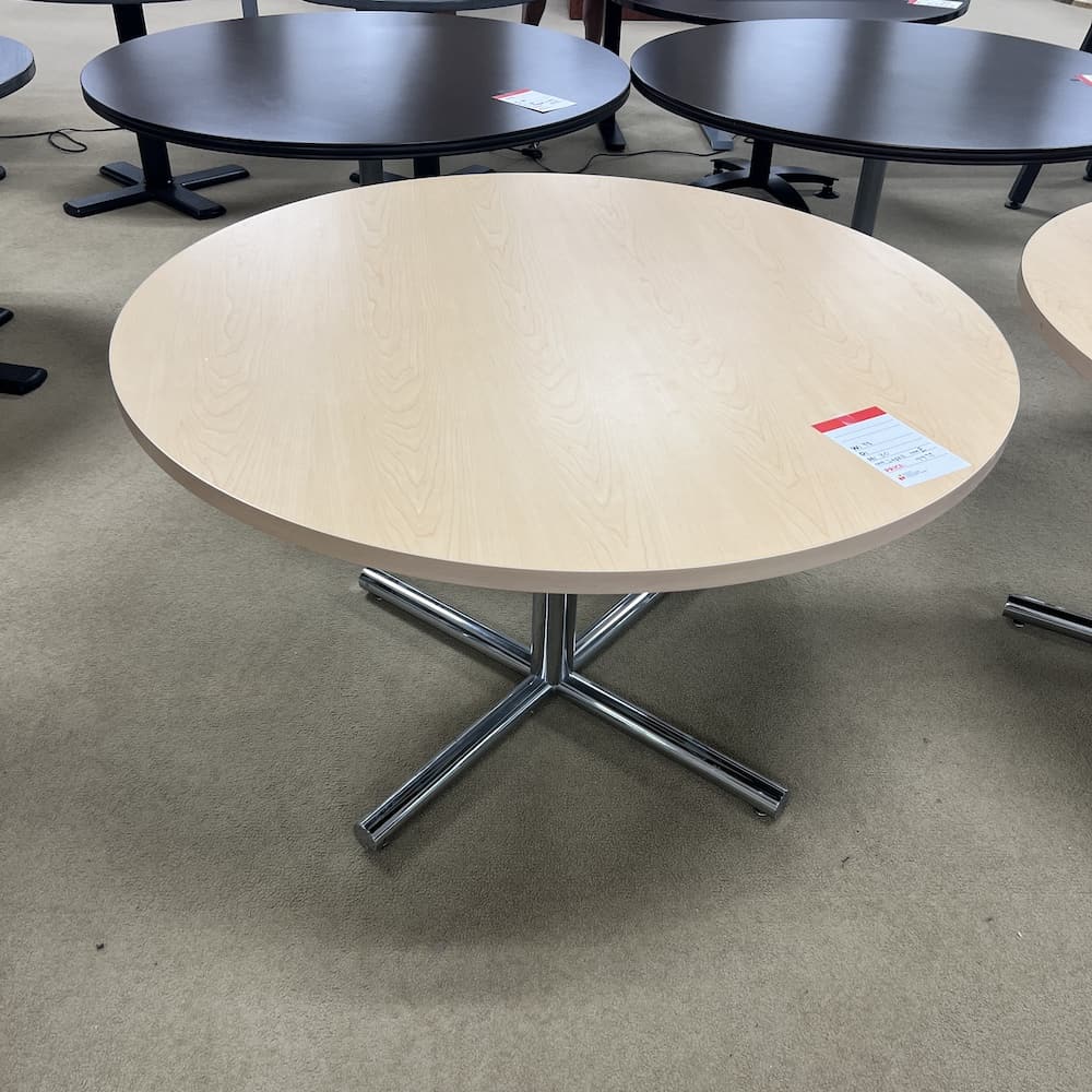 maple round break room table, laminate with silver chrome base, used office furniture