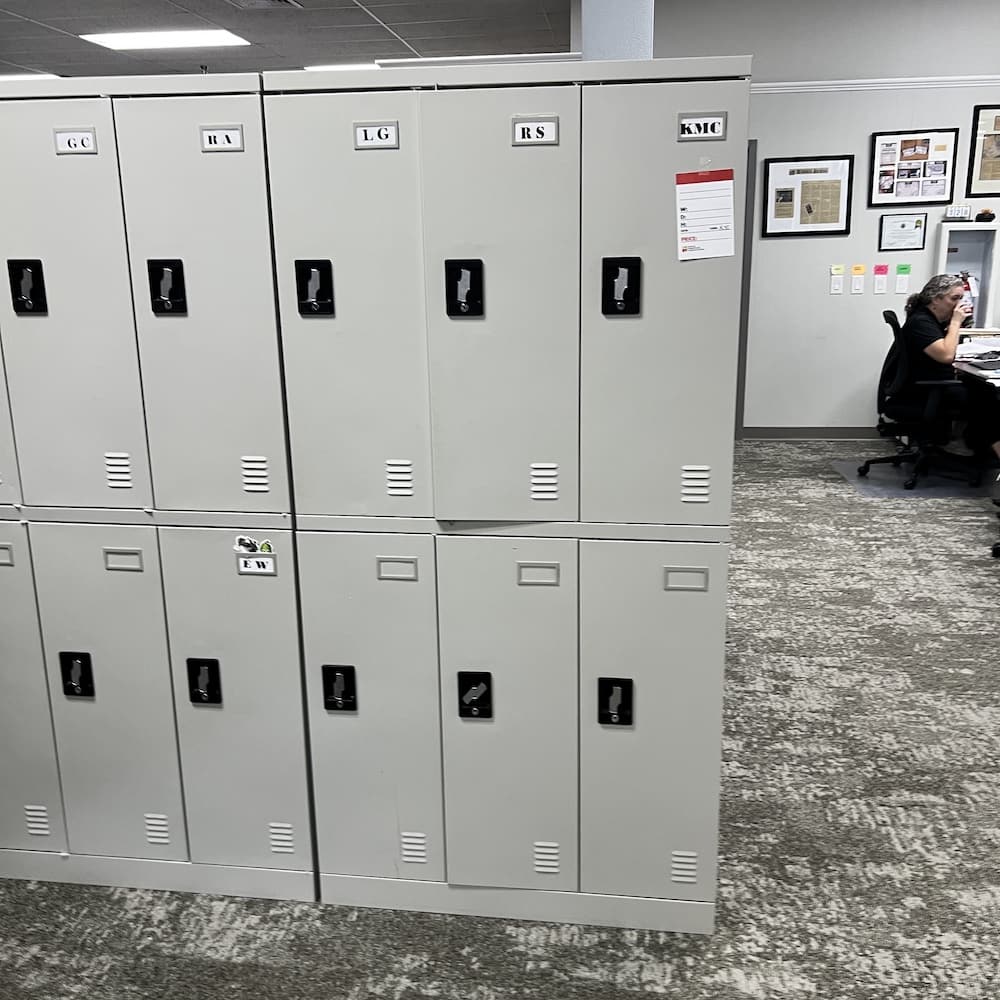 light grey metal lockers, 6 doors, 2x3, used office furniture