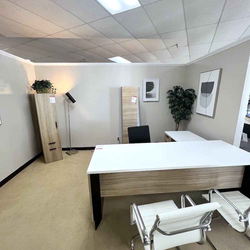 natural wood grain look laminate and white laminate height adjustable l-desk left return set, steelcase, used office furniture