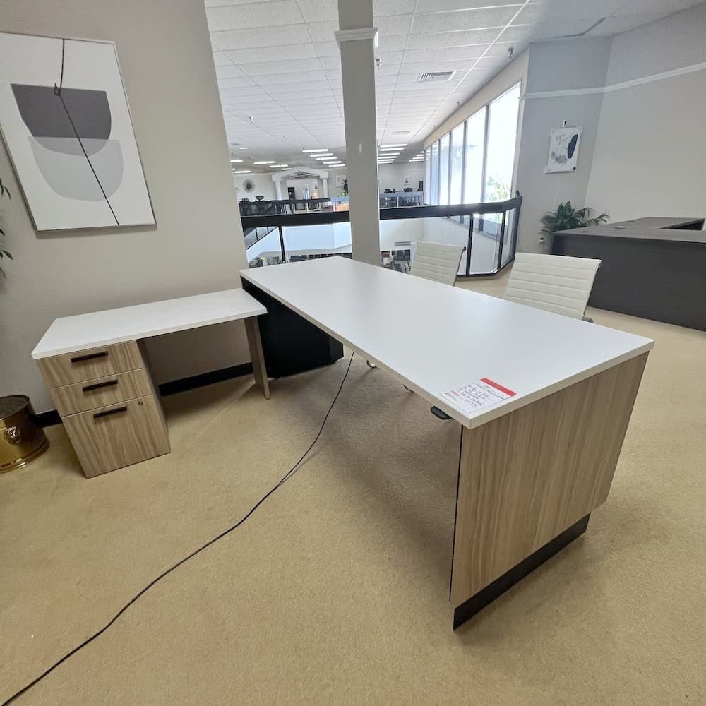 natural wood grain look laminate and white laminate height adjustable l-desk left return set, steelcase, used office furniture