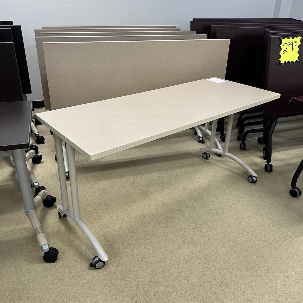 tan mailla folder laminate color top with tan metal legs, training table, used office furniture, rolling flip nest