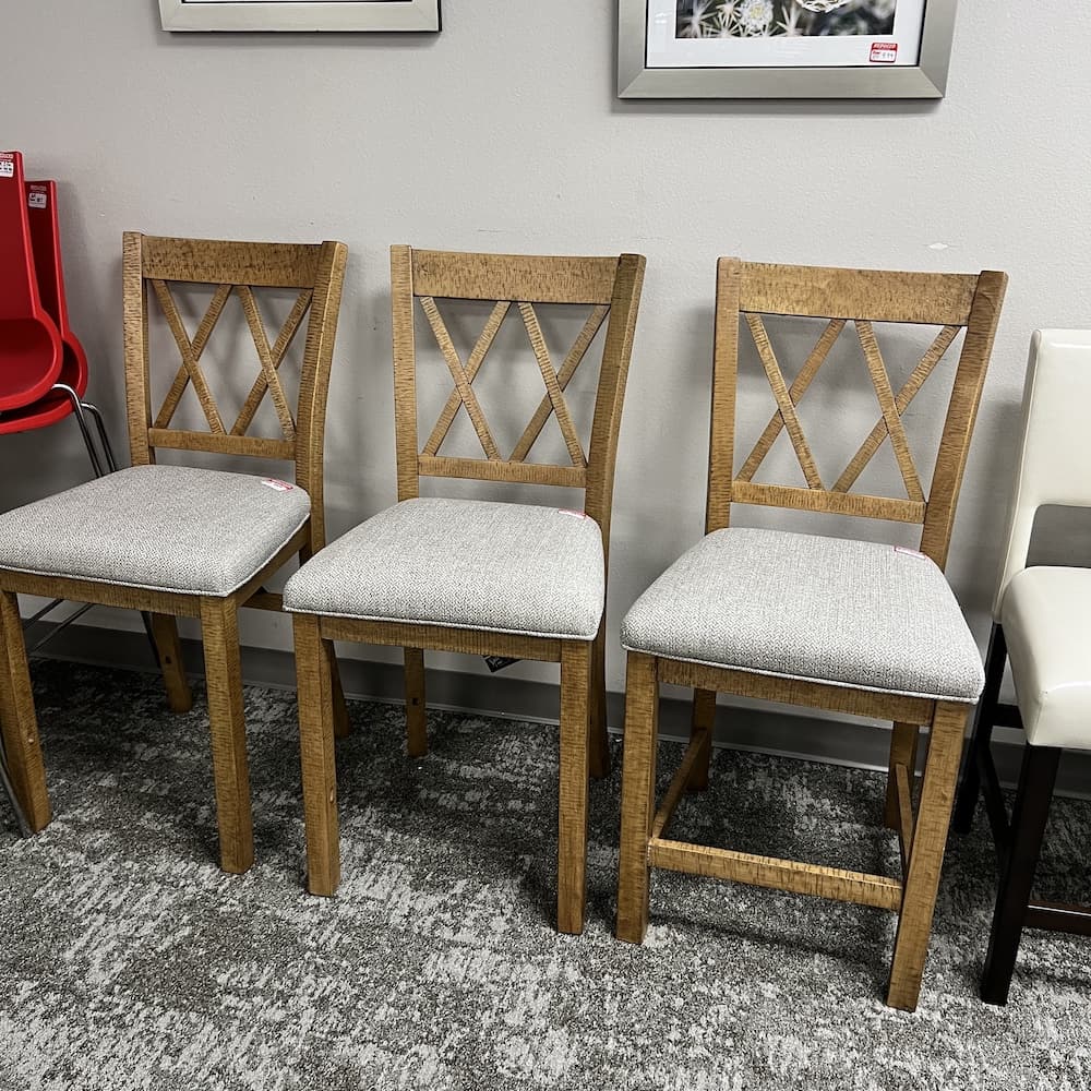 alone walnut counter height stools with light grey upholstery, used furniture