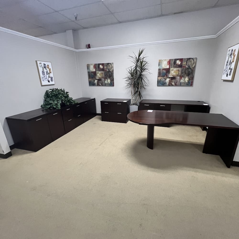 mahogany bow front desk and credenza file cabinet set, used office furniture, Kimball