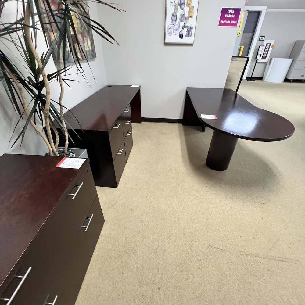 mahogany bow front desk and credenza file cabinet set, used office furniture, Kimball