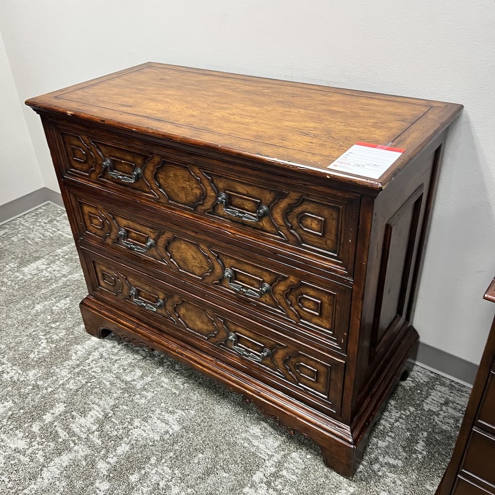 Theodore Alexander 3 drawer dresser, traditional, walnut veneer, used furniture