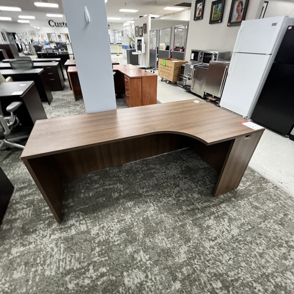 walnut porkchop laminate l-desk right return, open box office furniture 71 x 36