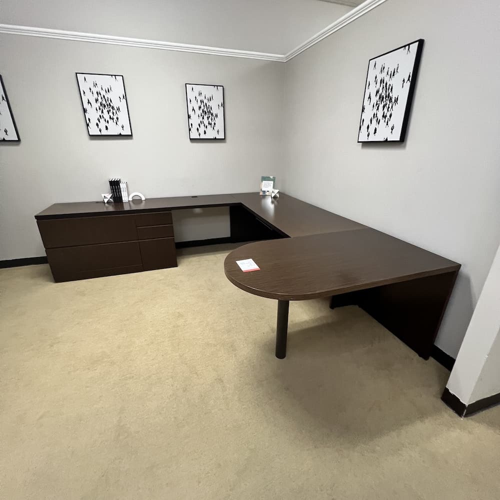 walnut u-desk left return with lateral file and box box file, used office furniture, laminate