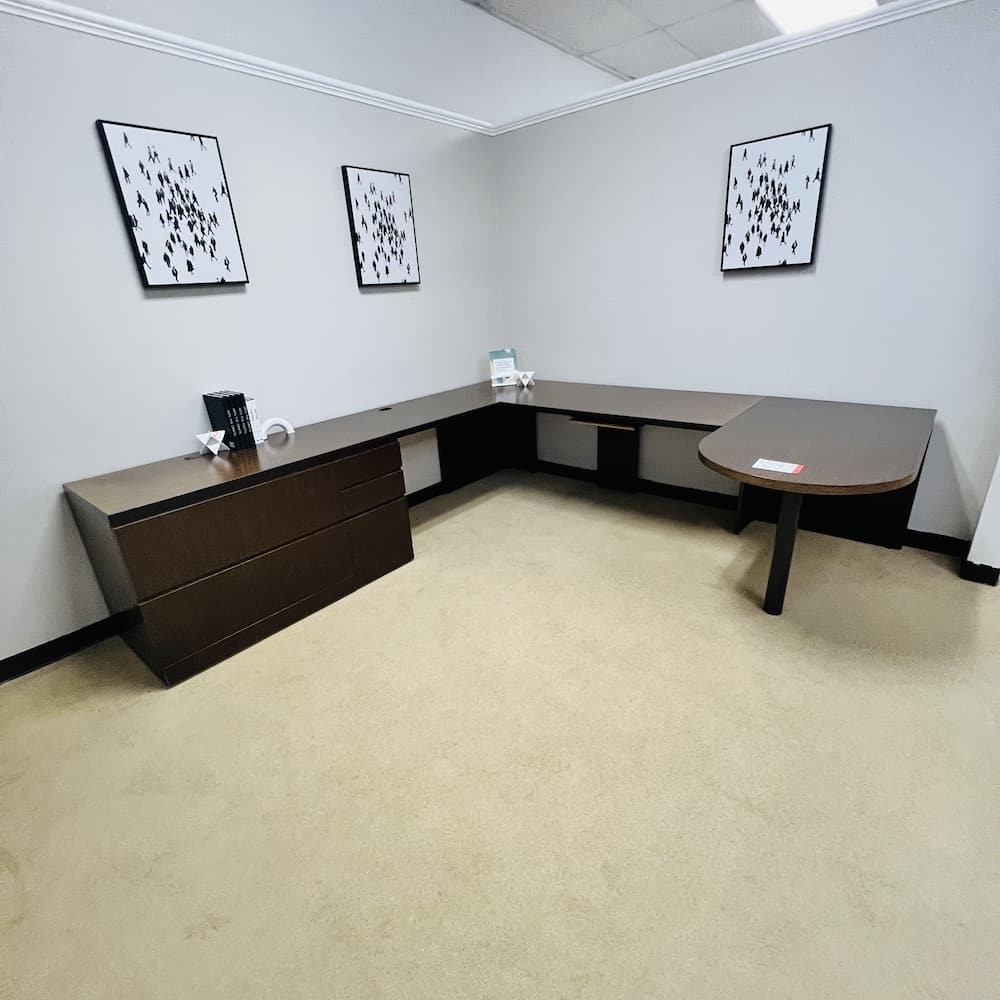 walnut u-desk left return with lateral file and box box file, used office furniture, laminate