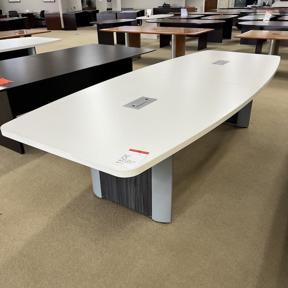 white laminate 10 ft conference table with elliptical base, open box scratch and dent, used office furniture
