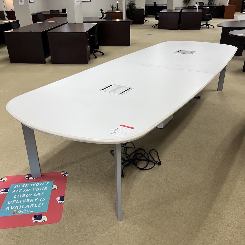 white laminate haworth stadium conference table, 12 ft, used office furniture