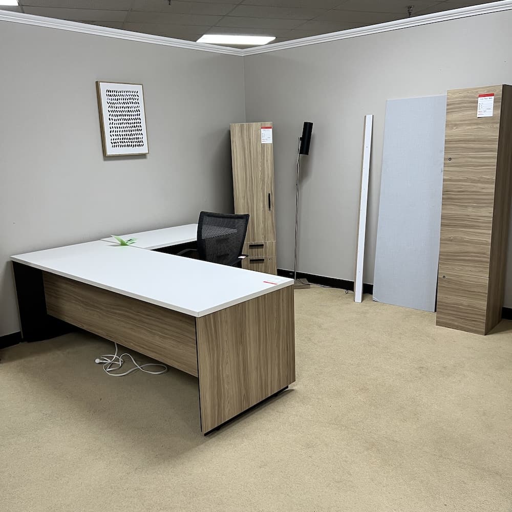 natural wood grain look laminate and white laminate height adjustable l-desk right return set, steelcase, used office furniture