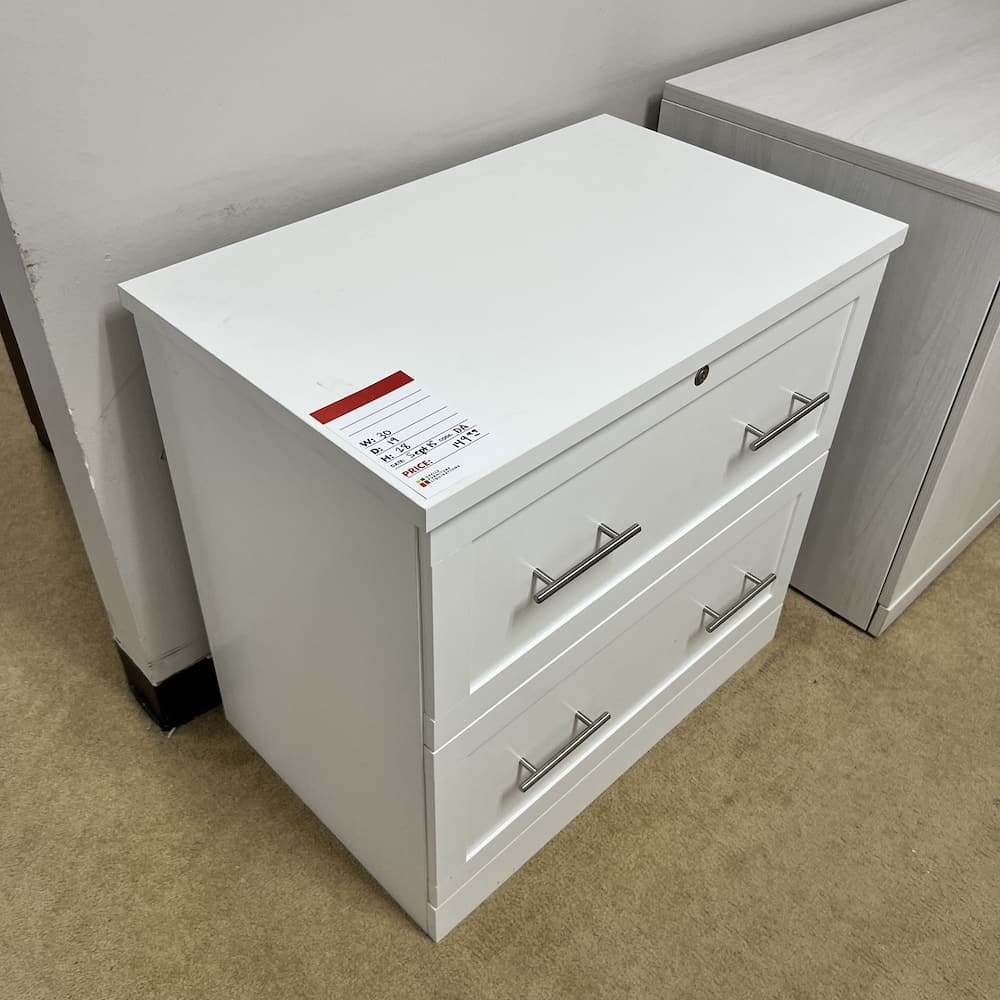 white 2 drawer lateral file cabinet with silver pulls, used office furniture