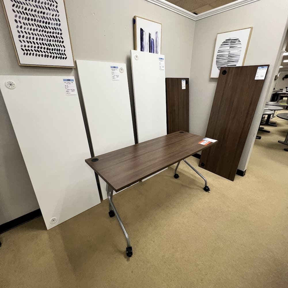 new closeout training table, rolling flipping, nesting, walnut or white laminate top