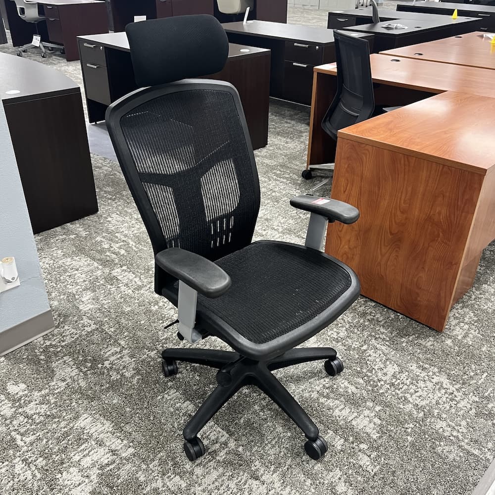 all mesh task chair with headrest, used office furniture, black mesh