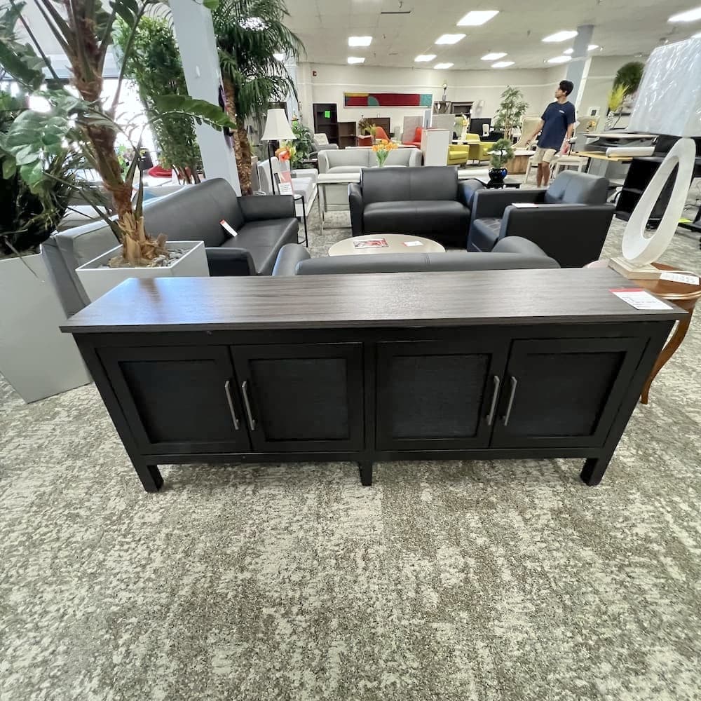 black 4 door storage cabinet, console tv, open box furniture, grey laminate top