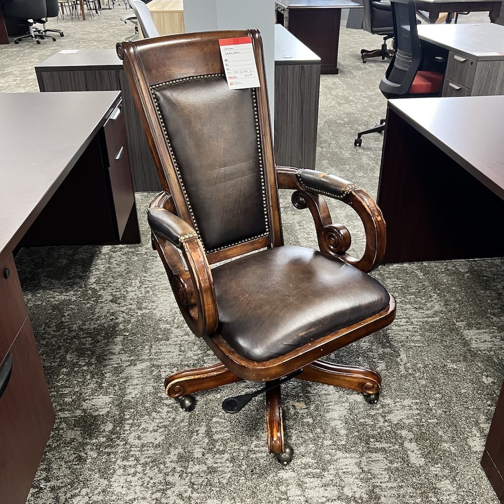 brown leather and veneer wood traditional office chair, seven seas Hooker furntiure, used office furniture