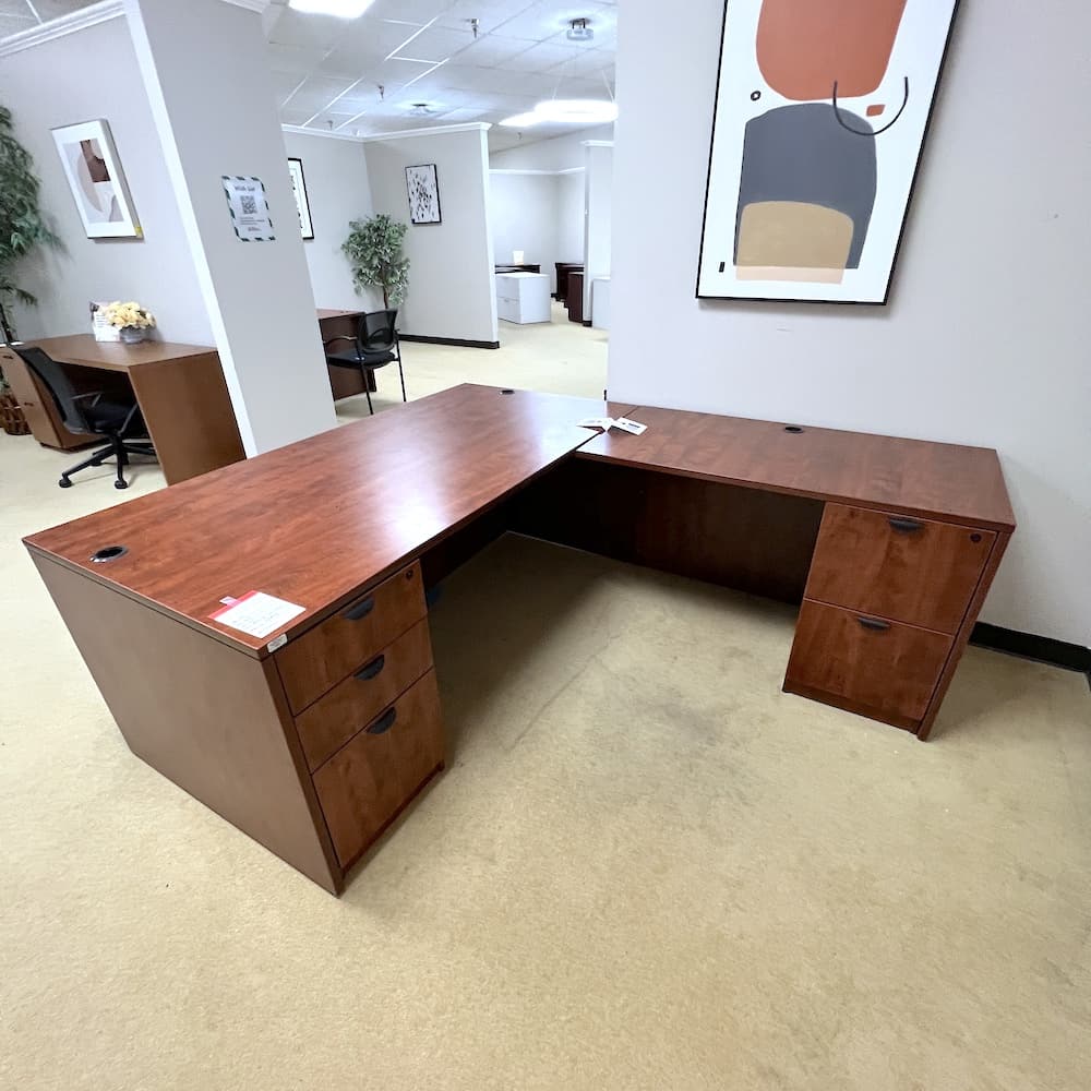 cherry laminate l-desk right return with double pedestal, used office furniture