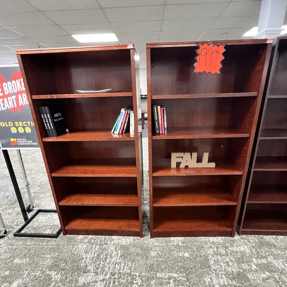 cherry veneer bookcase, 71" tall, used office furniture
