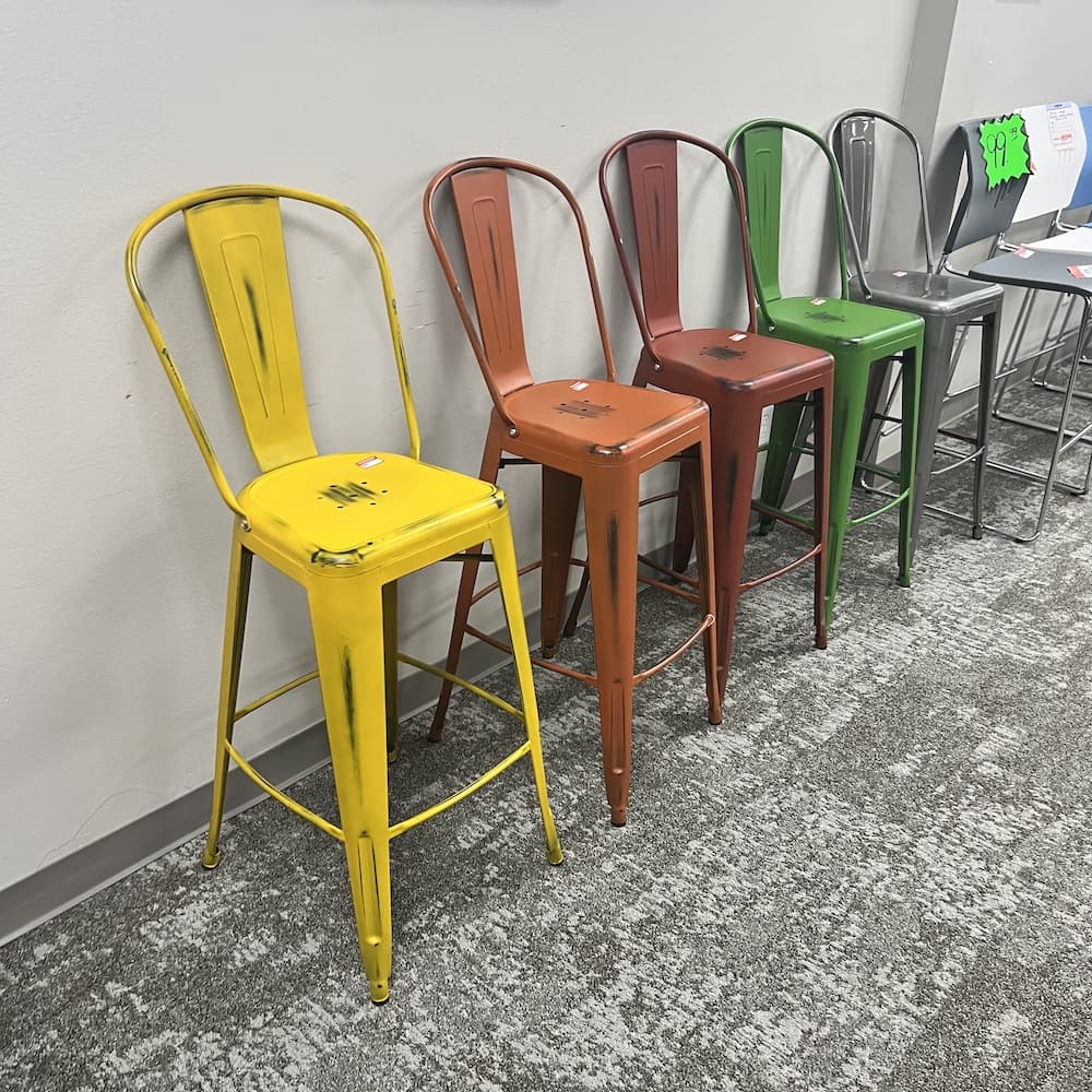 Set of 5 - Tolix Style Colorful Metal Modern Barstools with Backrest - Bar Height