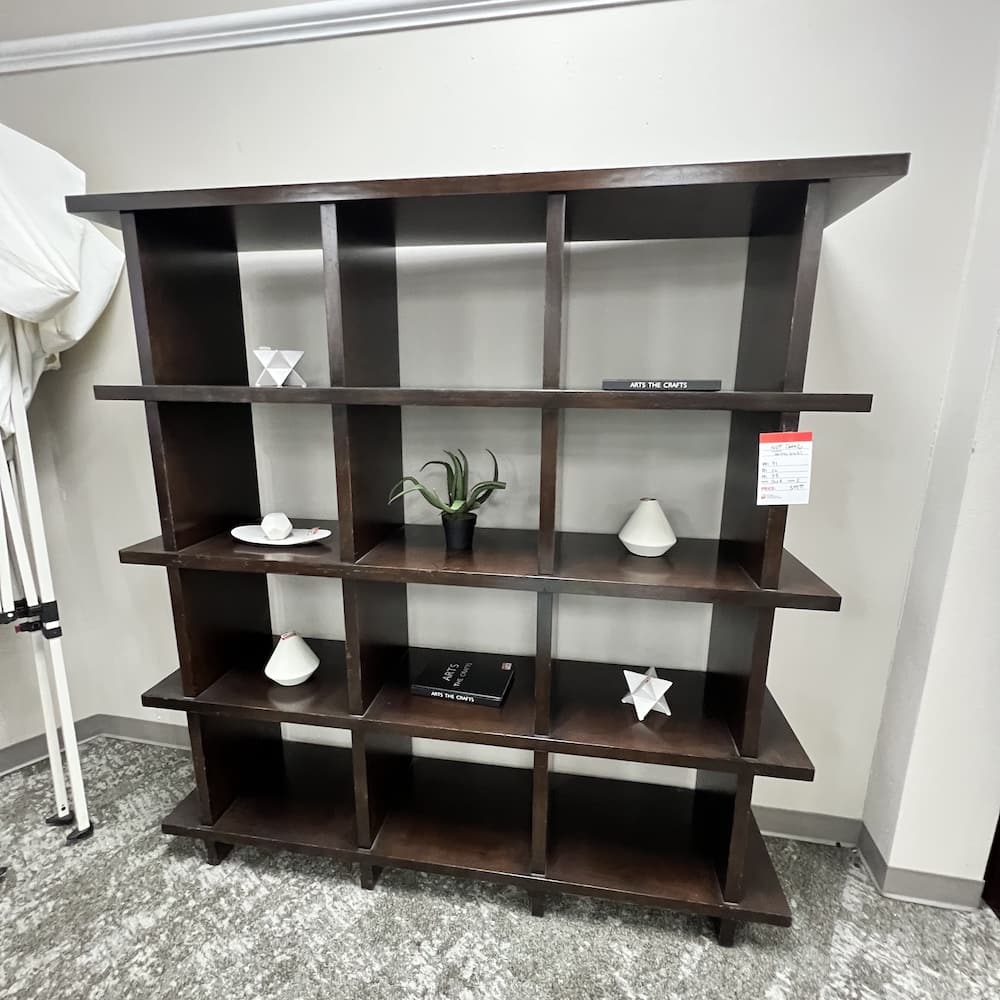 espresso veneer wall bookcase, cubby squares, open shelving, used furniture for office, hospitality