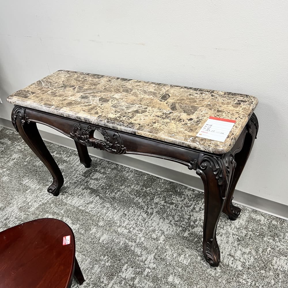 espresso and tan stone top sofa table, traditional, used furniture
