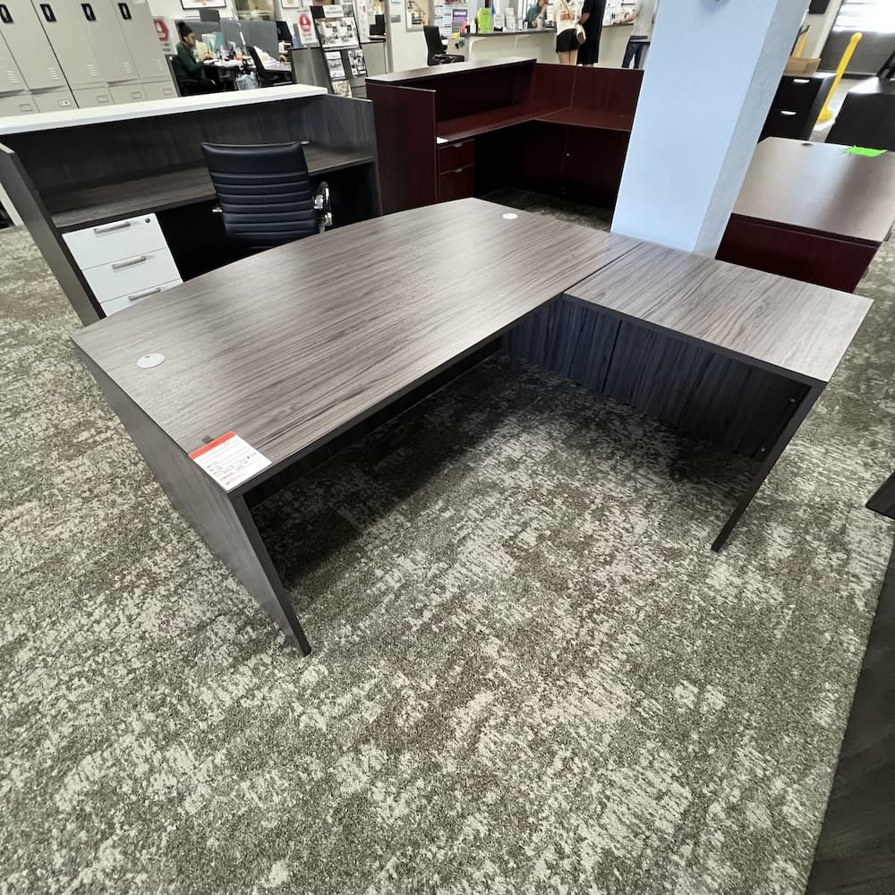 Coastal grey laminate bow front l-desk shell, open box scratch n dent office furniture