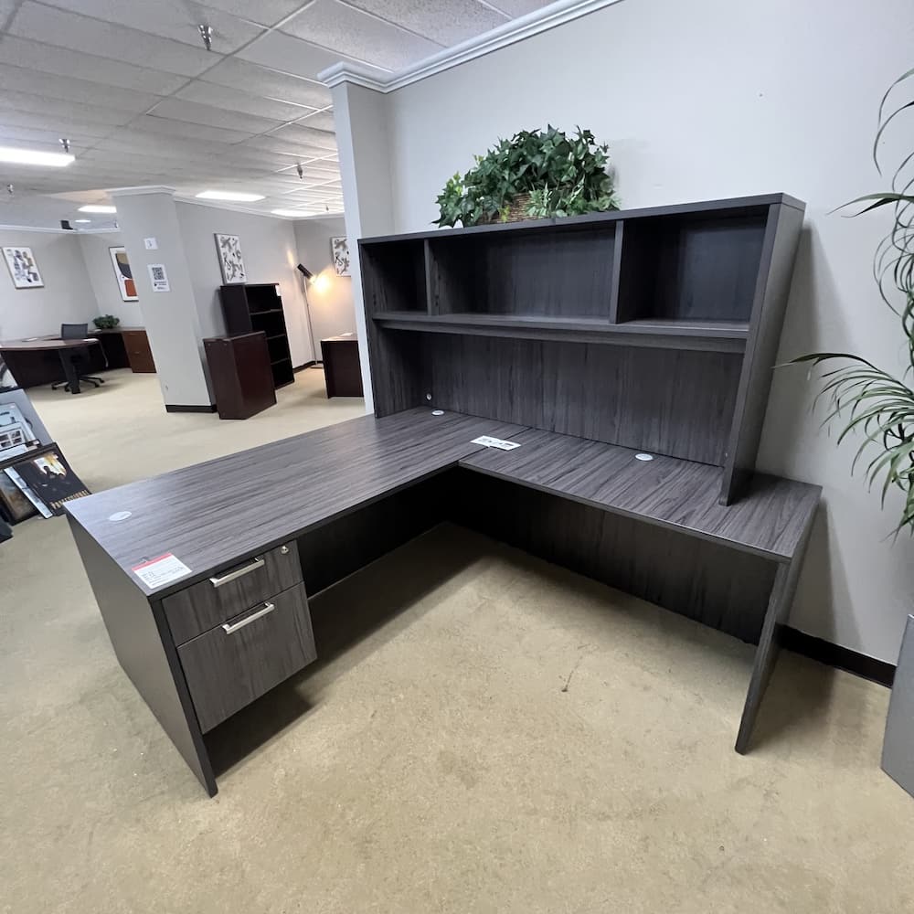 grey coastal grey l-desk right turn with open hutch and single box file, scratch n dent open box office furniture