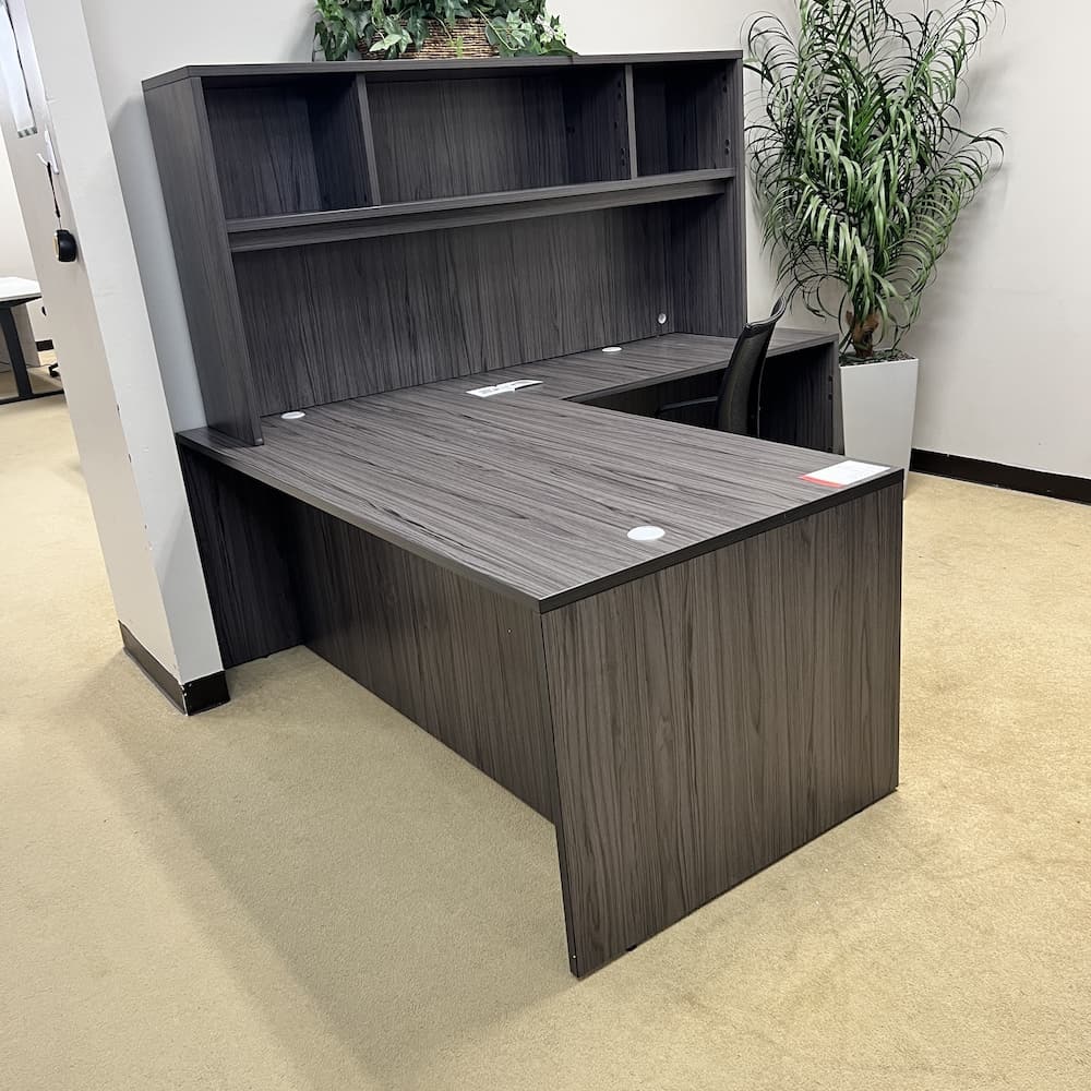 grey coastal grey l-desk right turn with open hutch and single box file, scratch n dent open box office furniture