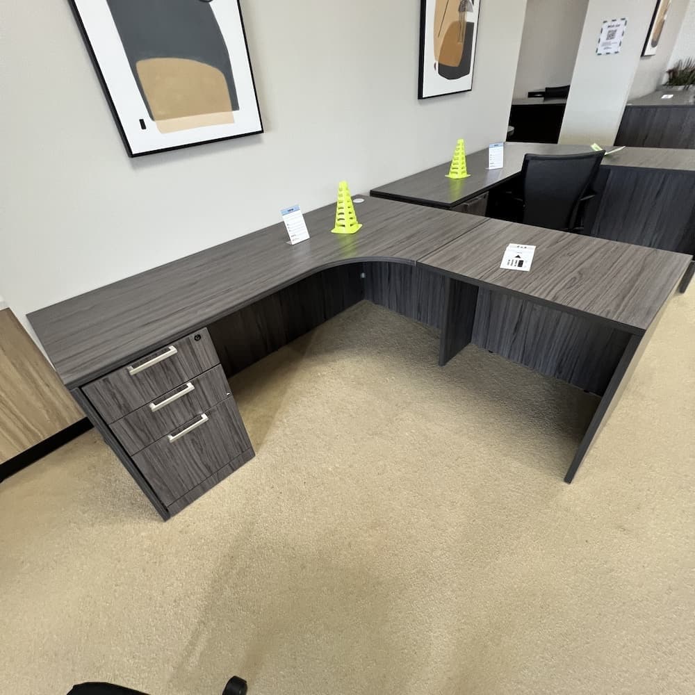 NEW - 71" x 66" Coastal Grey Laminate "Porkchop" L-Desk with Single Pedestal - Right Return