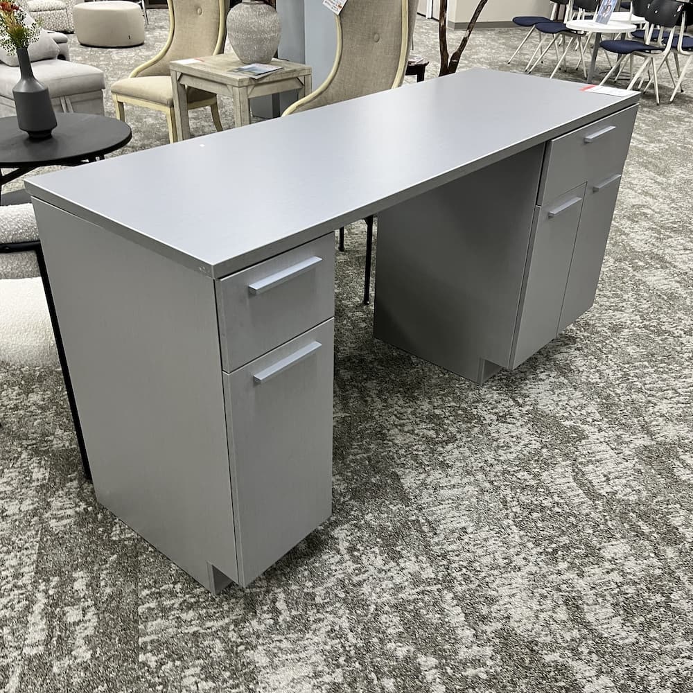 grey laminate buffet hospitality desk storage, counter height, computer station, used office furniture