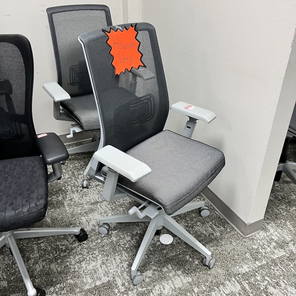 haworth very mesh back, grey fabric upholstery and base, office chair, used office furniture