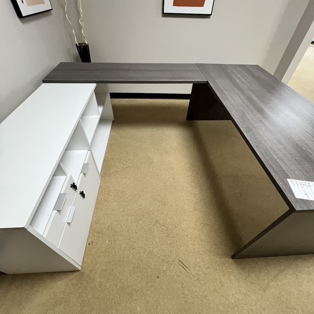 grey laminate u-desk left return with white back credenza and storage file cabinet, used office furntiure