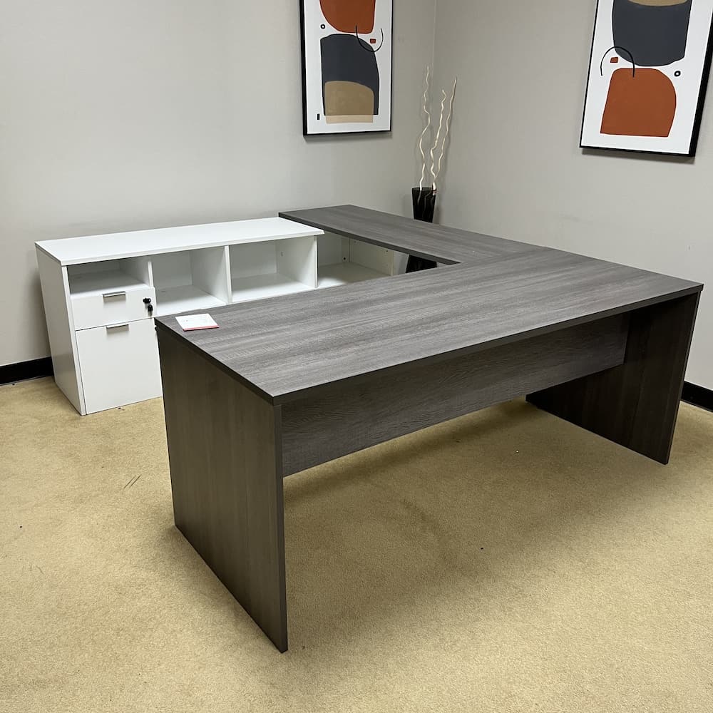 grey laminate u-desk left return with white back credenza and storage file cabinet, used office furntiure