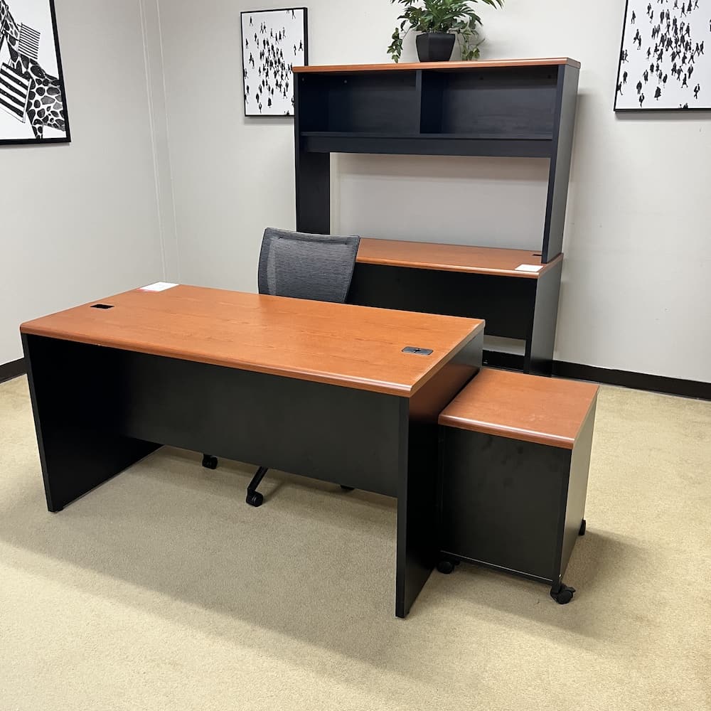 honey and black laminate desk set by hon, with mobile file, credenza with open hutch, used office furniture