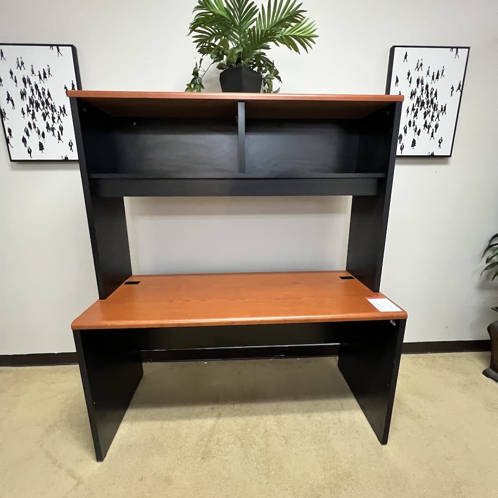 honey and black laminate desk set by hon, with mobile file, credenza with open hutch, used office furniture