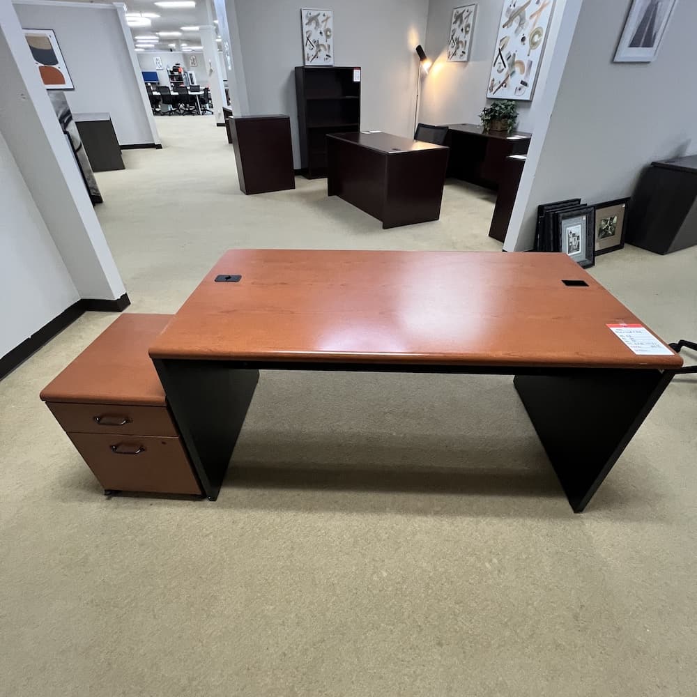 honey and black laminate desk set by hon, with mobile file, credenza with open hutch, used office furniture