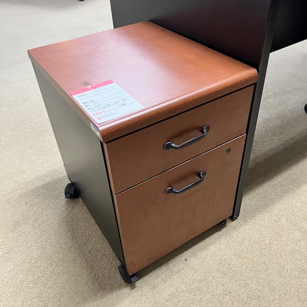 honey and black laminate desk set by hon, with mobile file, credenza with open hutch, used office furniture