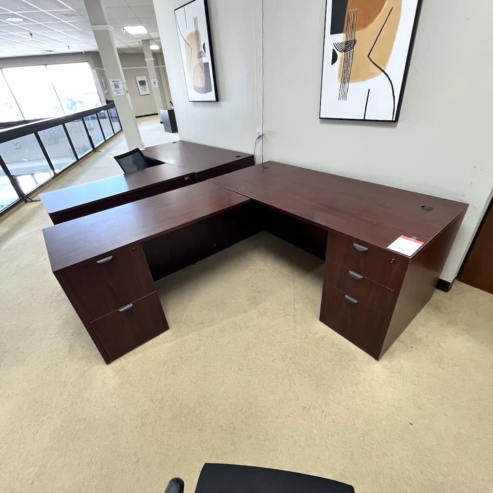 mahogany l-desk with double pedestal left return, used office furniture
